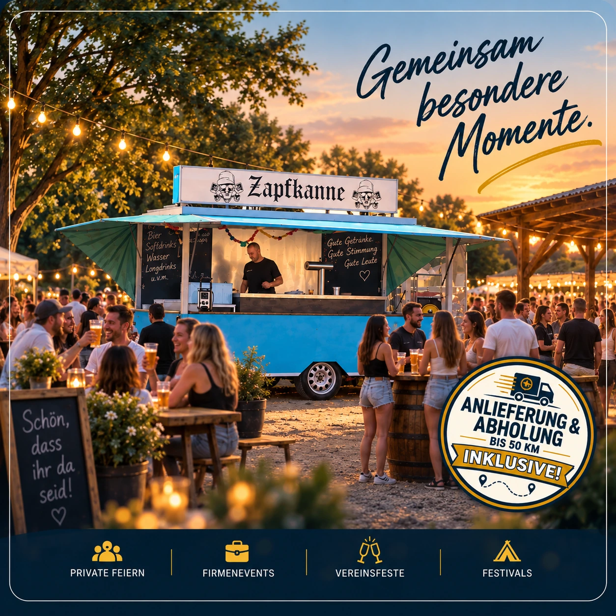 Gemeinsam besondere Momente: Hellblauer ZAPFKANNE-Bierwagen bei einer Feier im Abendlicht. Für private Feiern, Firmenevents, Vereinsfeste und Festivals. Anlieferung und Abholung bis 50 km inklusive.